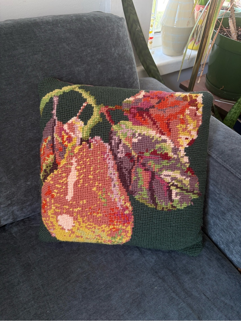 Handcrafted Vintage Needlepoint Fruit Pillow - Green Background